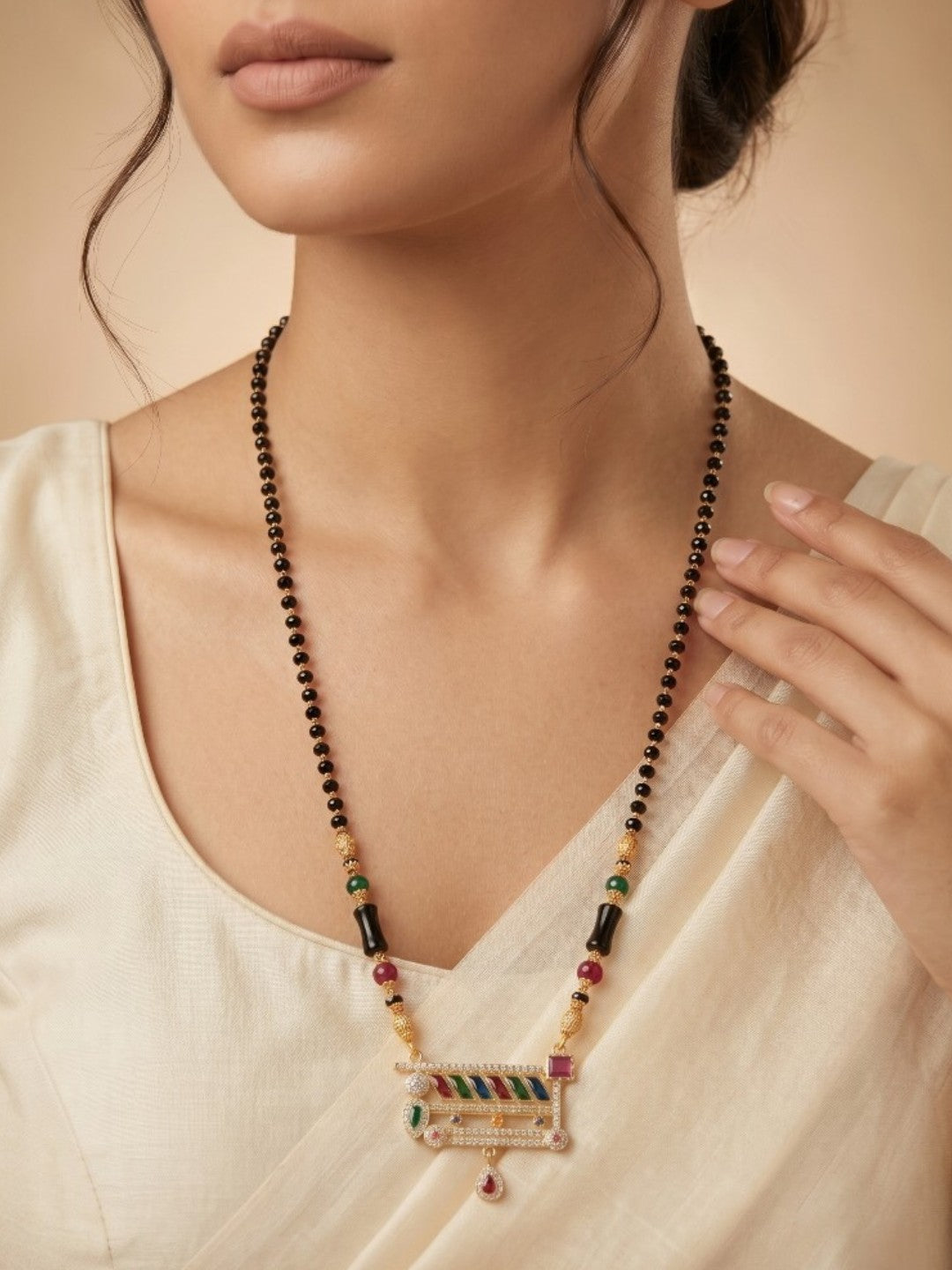 Traditional Gold-Toned Black Bead Mangalsutra Necklace for Women