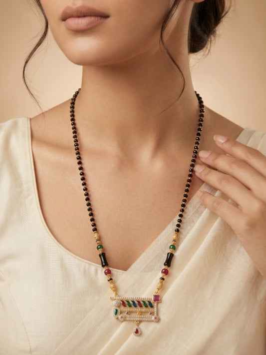 Traditional Gold-Toned Black Bead Mangalsutra Necklace for Women