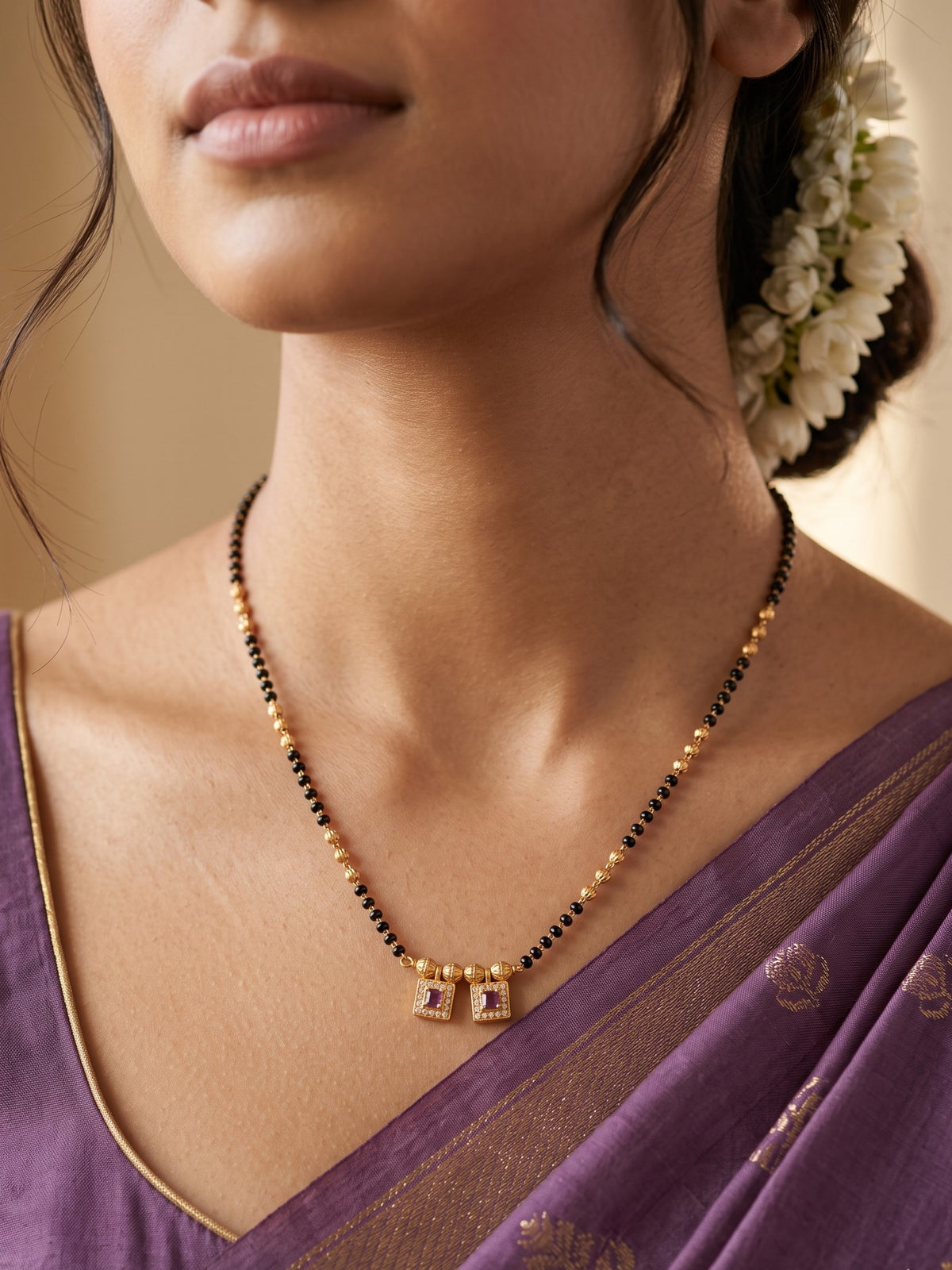 Stylish Black Beaded Gold Plated AD Mangalsutra for Women