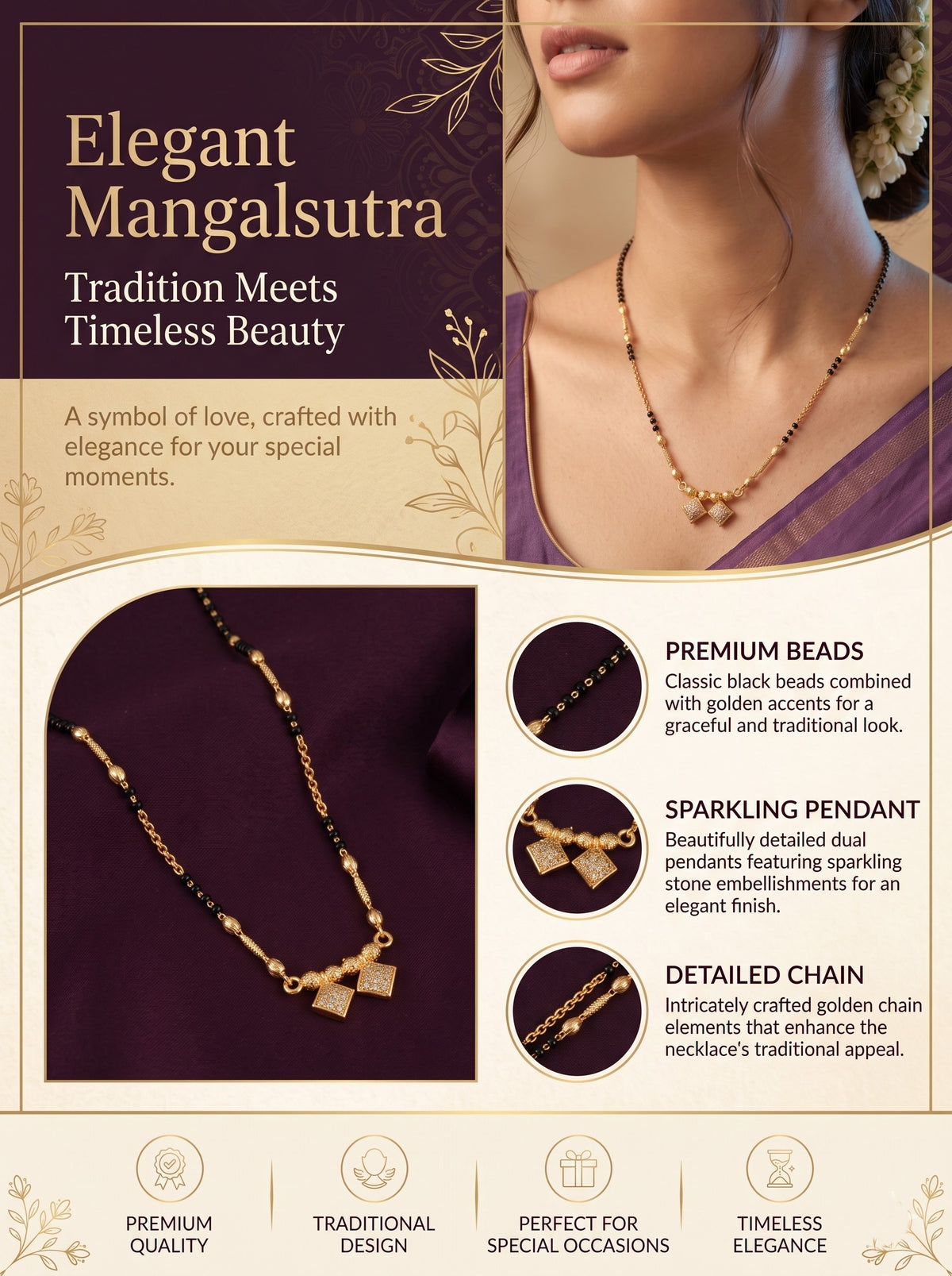 Stylish Black Beaded Gold Plated AD Mangalsutra for Women