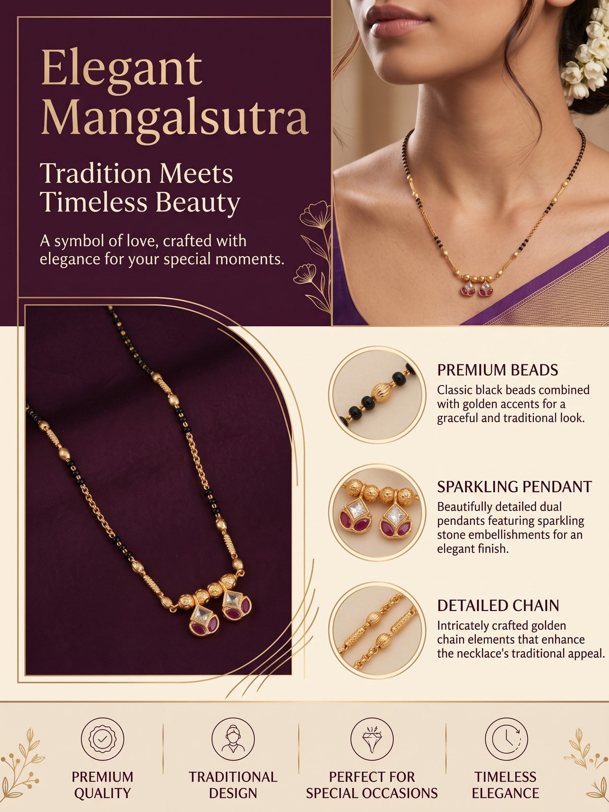 Stylish Black Beaded Gold Plated AD Mangalsutra for Women