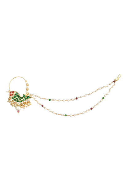 Traditional Minakari Pearl Fish Design Nath Nose Ring with Chain