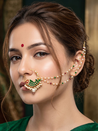 Traditional Minakari Pearl Fish Design Nath Nose Ring with Chain