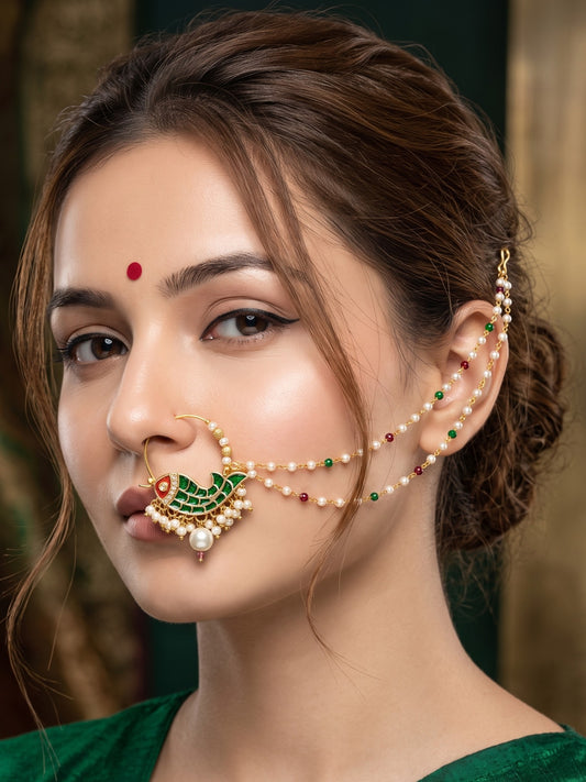 Traditional Minakari Pearl Fish Design Nath Nose Ring with Chain
