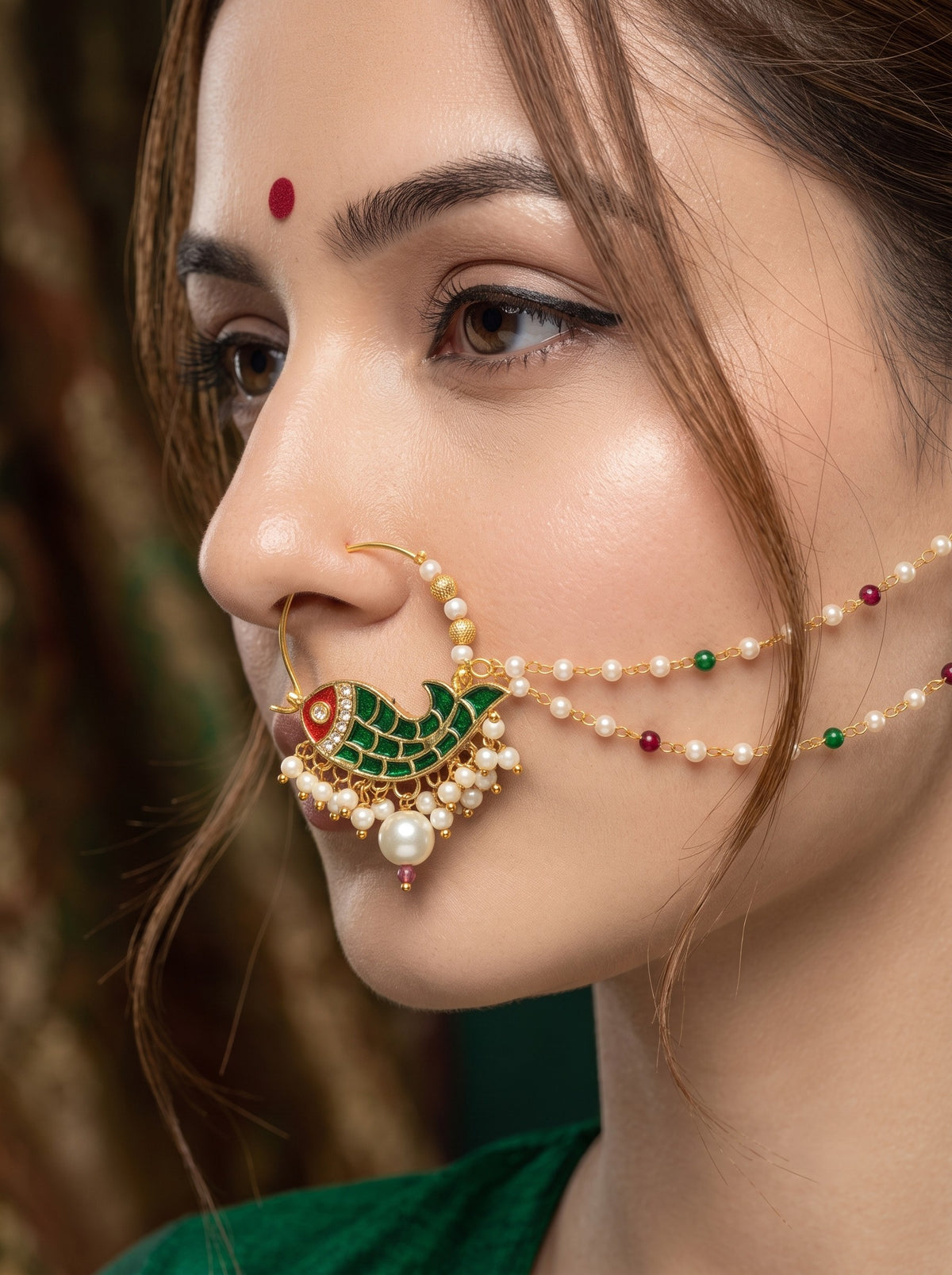 Traditional Minakari Pearl Fish Design Nath Nose Ring with Chain