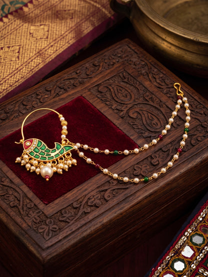 Traditional Minakari Pearl Fish Design Nath Nose Ring with Chain