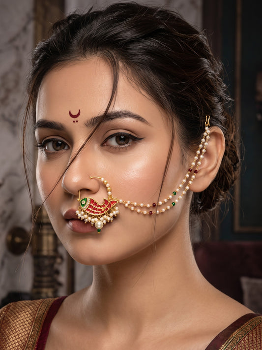Traditional Minakari Pearl Fish Design Nath Nose Ring with Chain