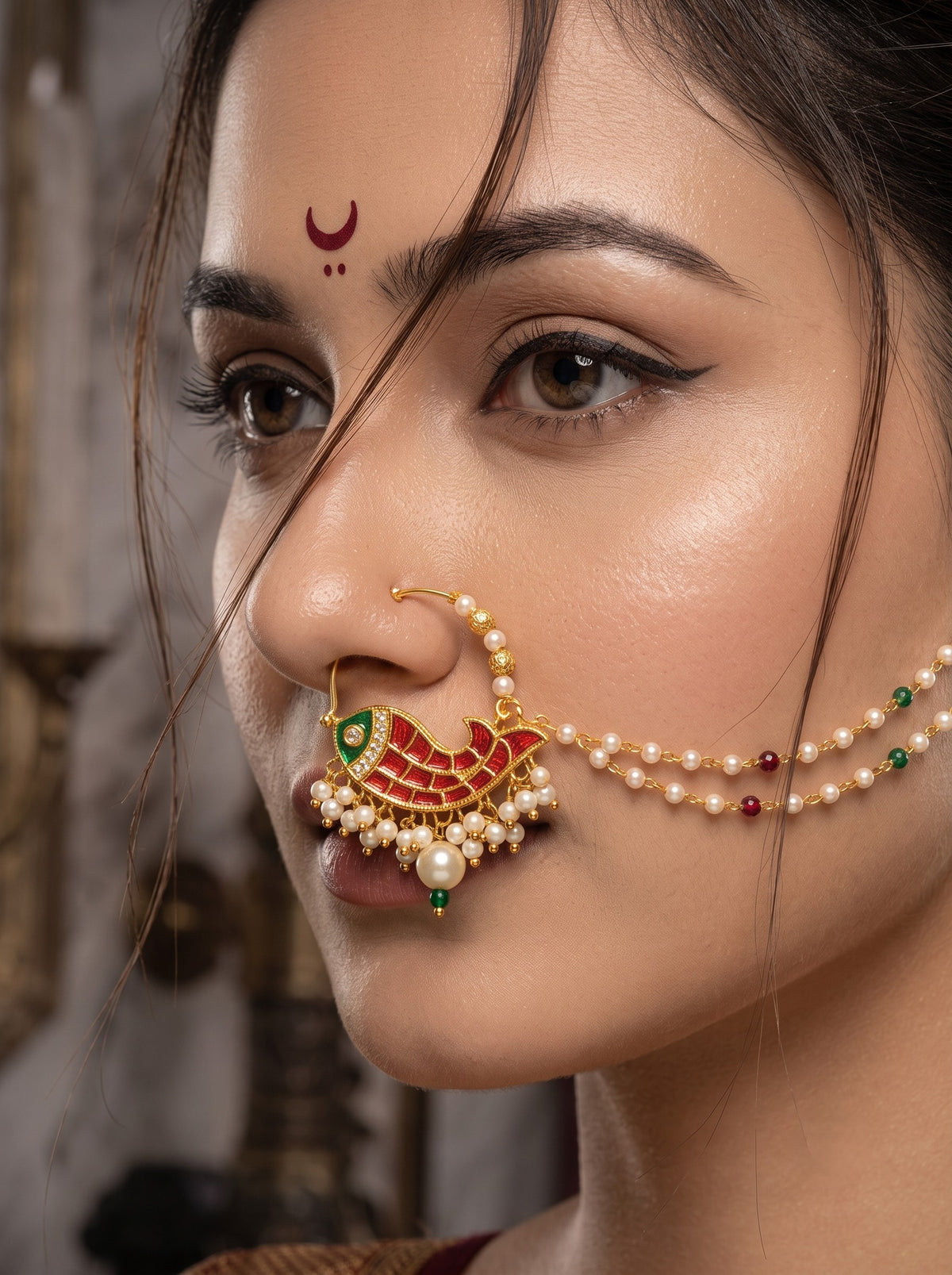 Traditional Minakari Pearl Fish Design Nath Nose Ring with Chain