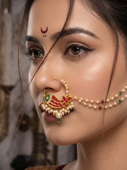 Traditional Minakari Pearl Fish Design Nath Nose Ring with Chain