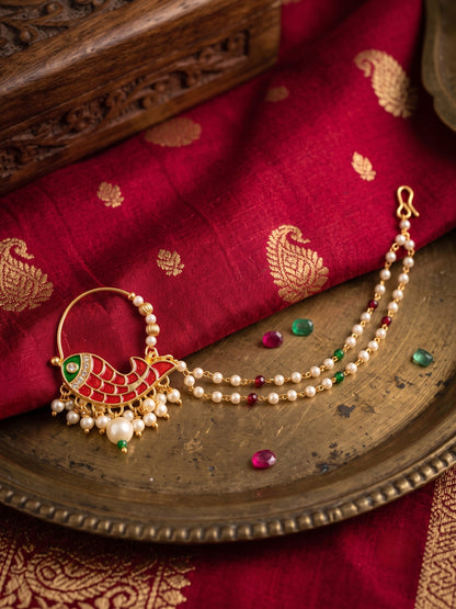 Traditional Minakari Pearl Fish Design Nath Nose Ring with Chain