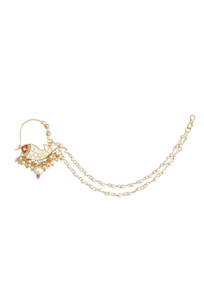 Traditional Minakari Pearl Fish Design Nath Nose Ring with Chain