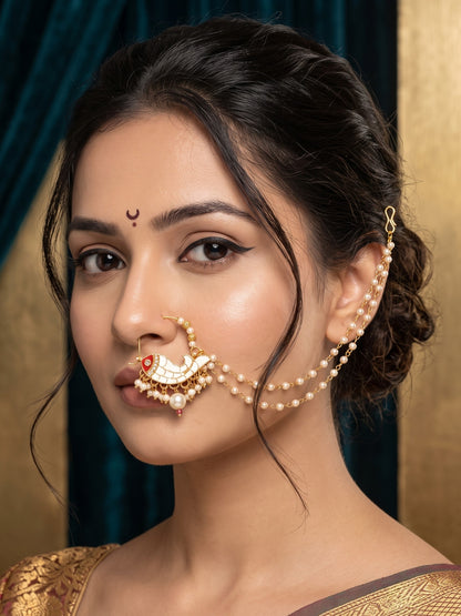 Traditional Minakari Pearl Fish Design Nath Nose Ring with Chain