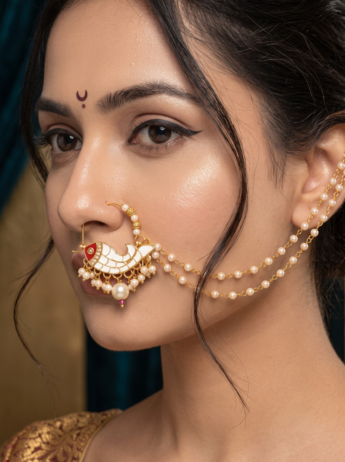 Traditional Minakari Pearl Fish Design Nath Nose Ring with Chain