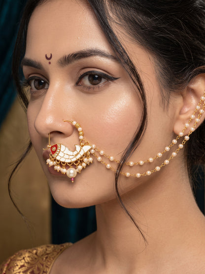 Traditional Minakari Pearl Fish Design Nath Nose Ring with Chain