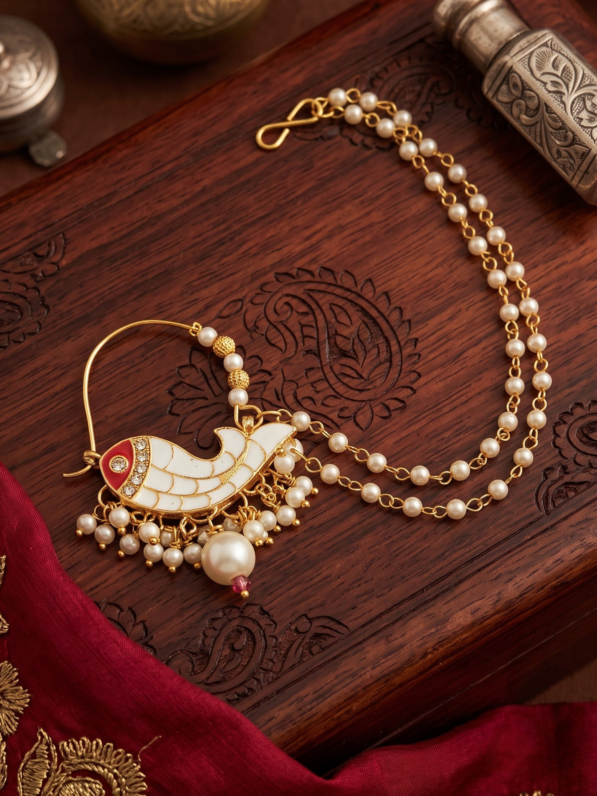 Traditional Minakari Pearl Fish Design Nath Nose Ring with Chain
