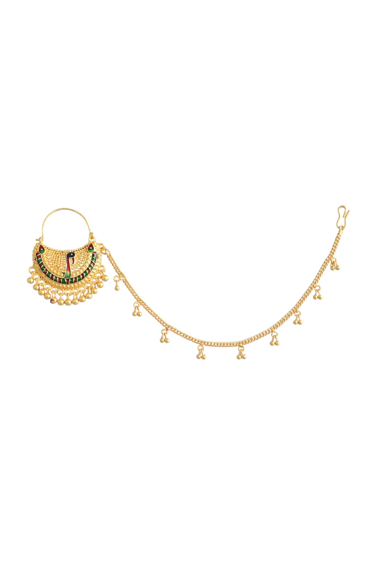 Traditional Peacock Design Minakari Detailing Piercing Nose Ring with Chain