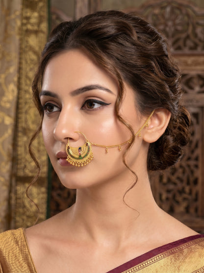 Traditional Peacock Design Minakari Detailing Piercing Nose Ring with Chain