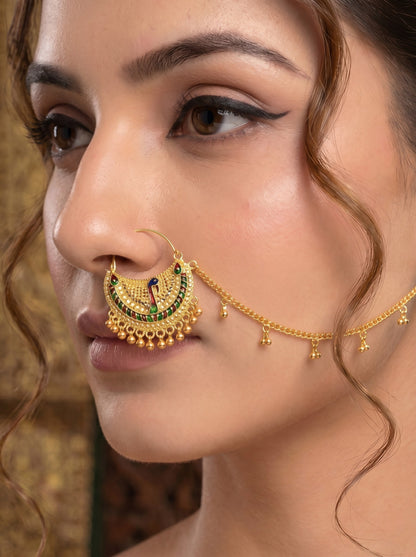 Traditional Peacock Design Minakari Detailing Piercing Nose Ring with Chain
