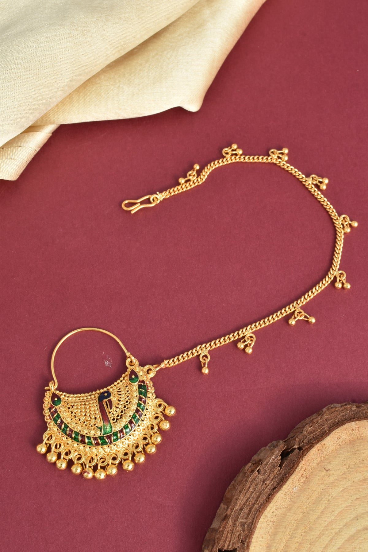 Traditional Peacock Design Minakari Detailing Piercing Nose Ring with Chain