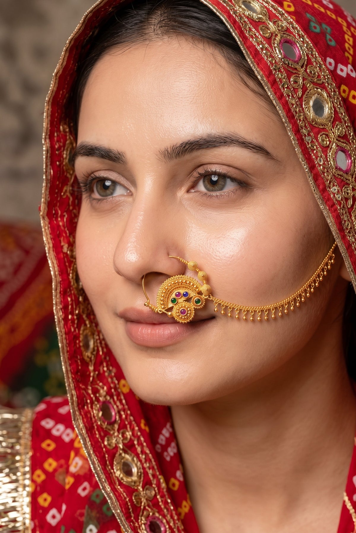 Multicolor Rajputi Nath Nose Ring With Chain for Women