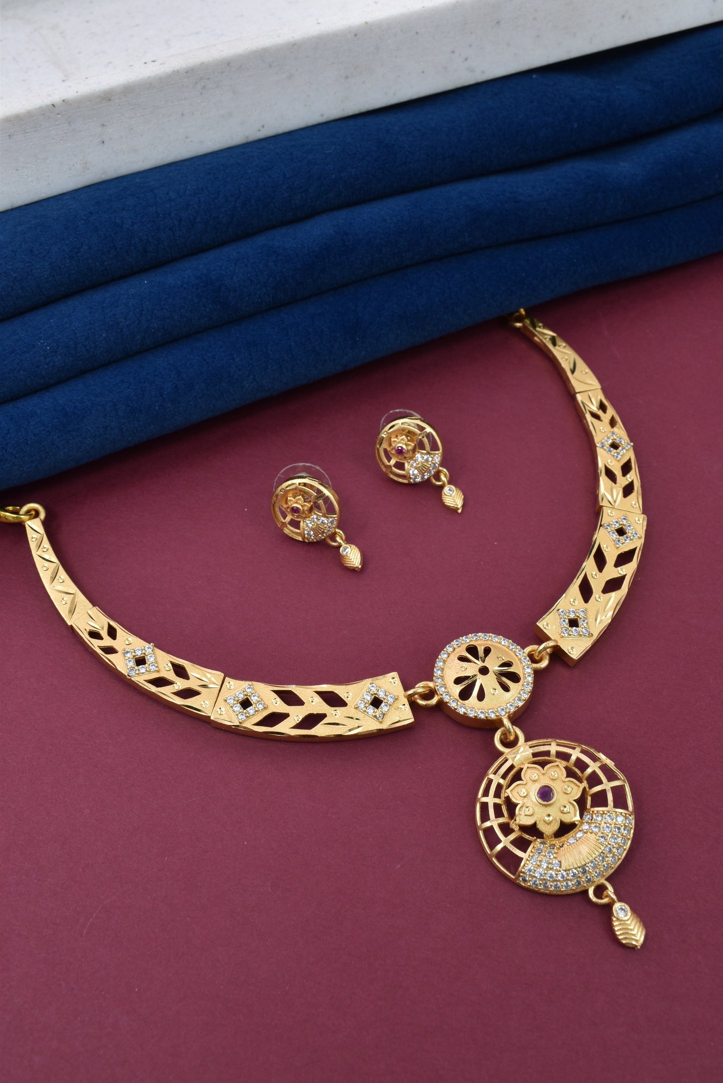 Meira Jewellery Gold-Plated Necklace Set with Matching Stud Earrings, Floral Filigree Pendant Design, CZ Stone Accents, Adjustable Dori, Traditional Indian Party Jewellery for Weddings & Festivals-01
