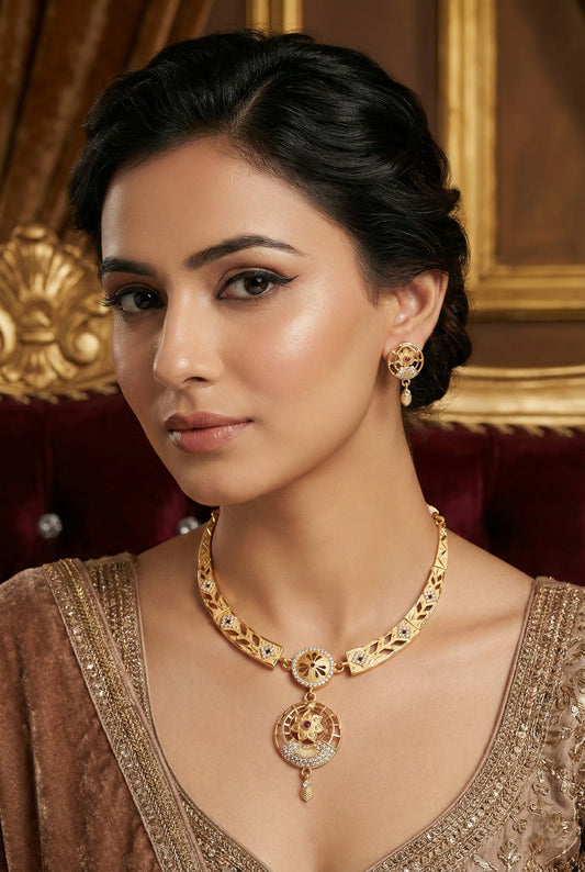 Meira Jewellery Gold-Plated Necklace Set with Matching Stud Earrings, Floral Filigree Pendant Design, CZ Stone Accents, Adjustable Dori, Traditional Indian Party Jewellery for Weddings & Festivals-01