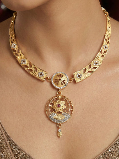 Meira Jewellery Gold-Plated Necklace Set with Matching Stud Earrings, Floral Filigree Pendant Design, CZ Stone Accents, Adjustable Dori, Traditional Indian Party Jewellery for Weddings & Festivals-01