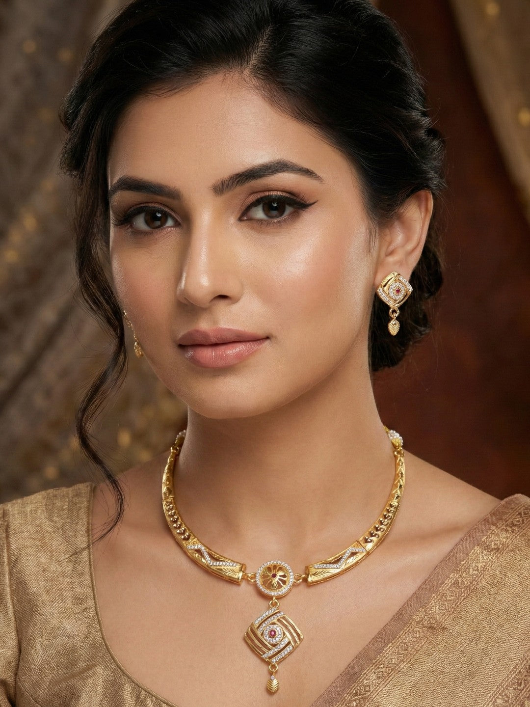 Meira Jewellery Gold-Plated Necklace Set with Matching Stud Earrings, Floral Filigree Pendant Design, CZ Stone Accents, Adjustable Dori, Traditional Indian Party Jewellery for Weddings & Festivals-02
