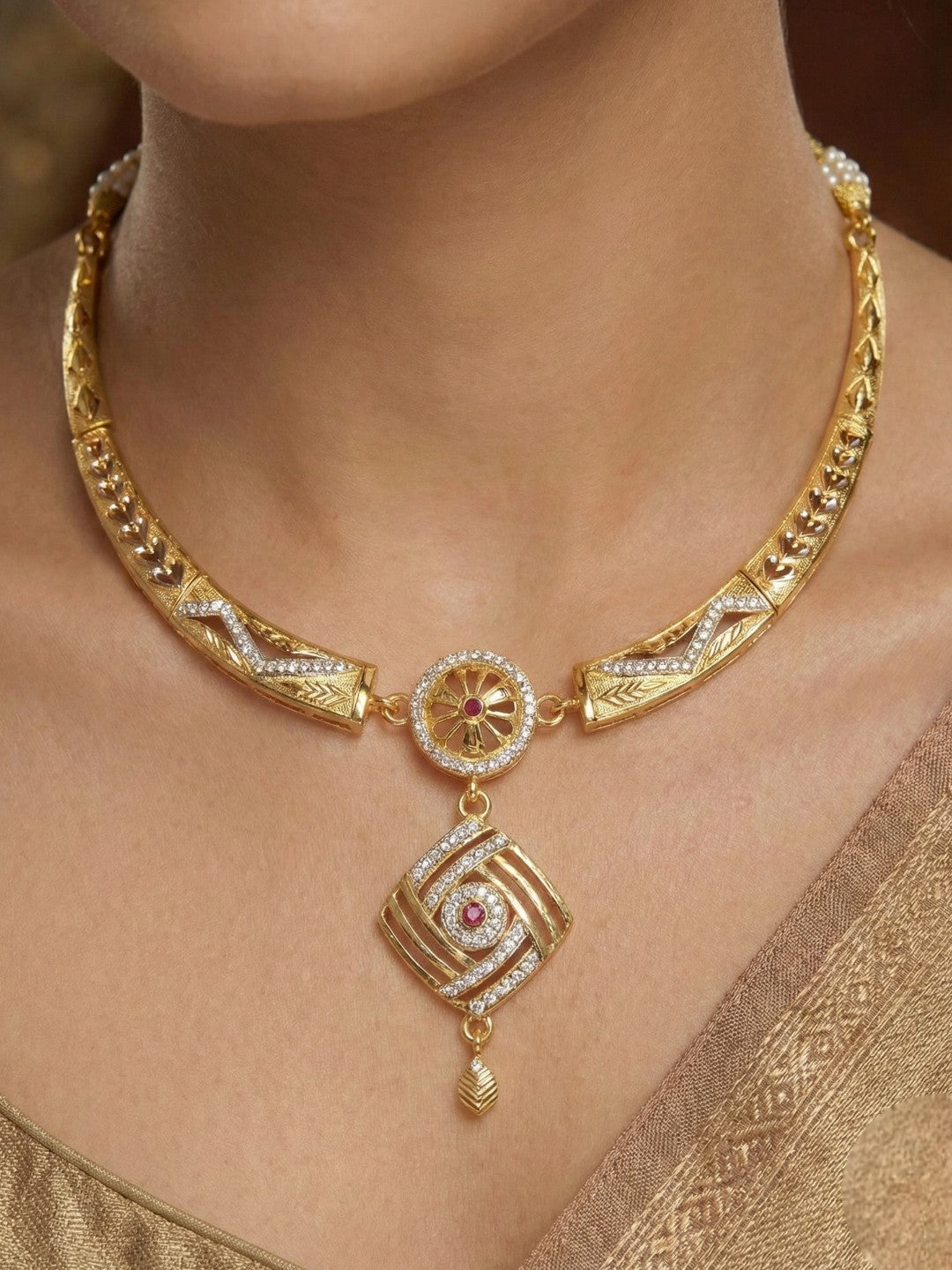 Meira Jewellery Gold-Plated Necklace Set with Matching Stud Earrings, Floral Filigree Pendant Design, CZ Stone Accents, Adjustable Dori, Traditional Indian Party Jewellery for Weddings & Festivals-02