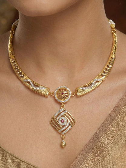 Meira Jewellery Gold-Plated Necklace Set with Matching Stud Earrings, Floral Filigree Pendant Design, CZ Stone Accents, Adjustable Dori, Traditional Indian Party Jewellery for Weddings & Festivals-02