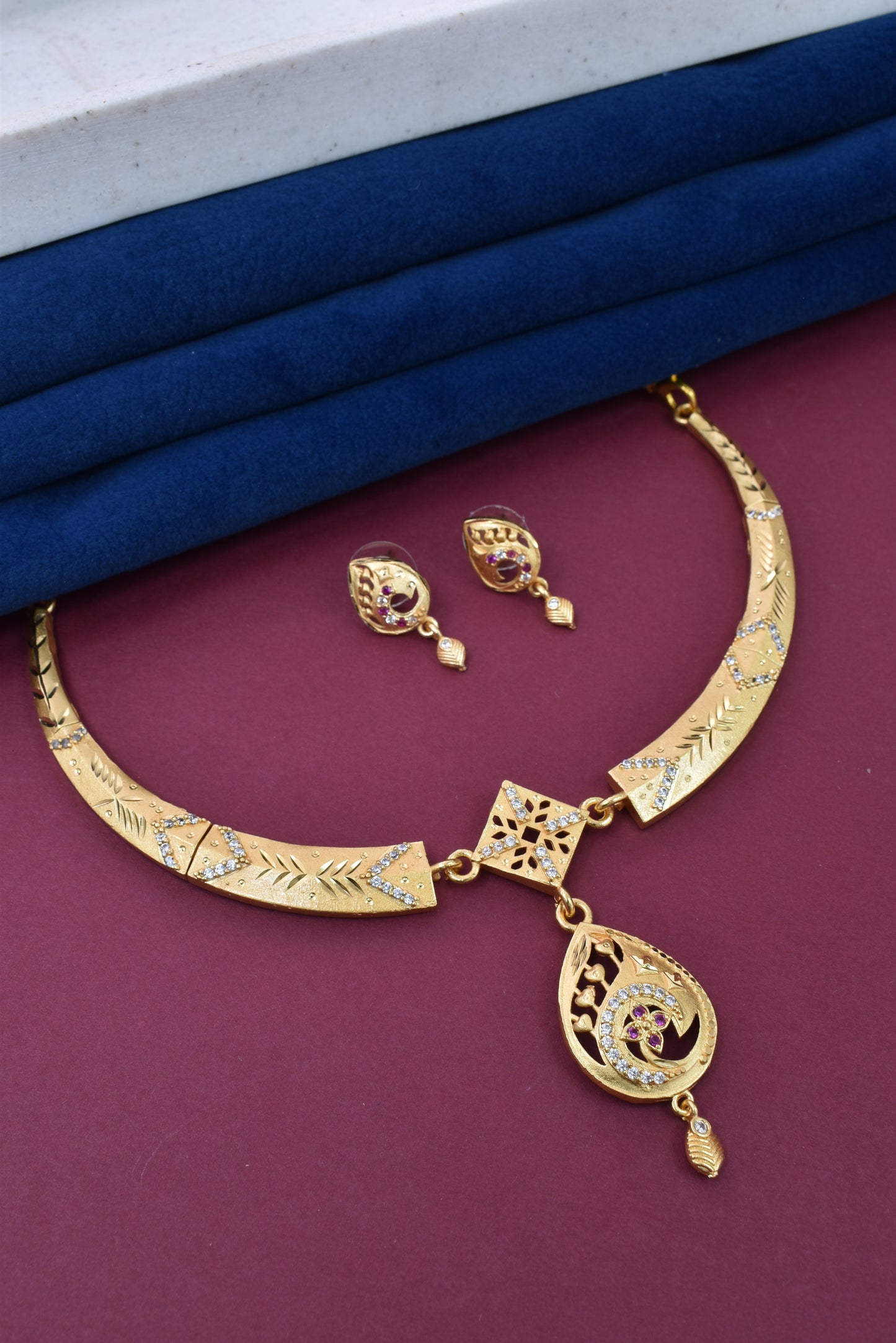 Meira Jewellery Gold-Plated Necklace Set with Matching Stud Earrings, Floral Filigree Pendant Design, CZ Stone Accents, Adjustable Dori, Traditional Indian Party Jewellery for Weddings & Festivals-03