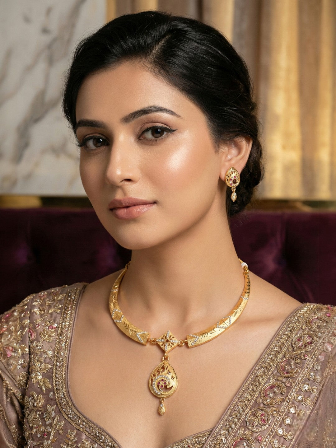 Meira Jewellery Gold-Plated Necklace Set with Matching Stud Earrings, Floral Filigree Pendant Design, CZ Stone Accents, Adjustable Dori, Traditional Indian Party Jewellery for Weddings & Festivals-03