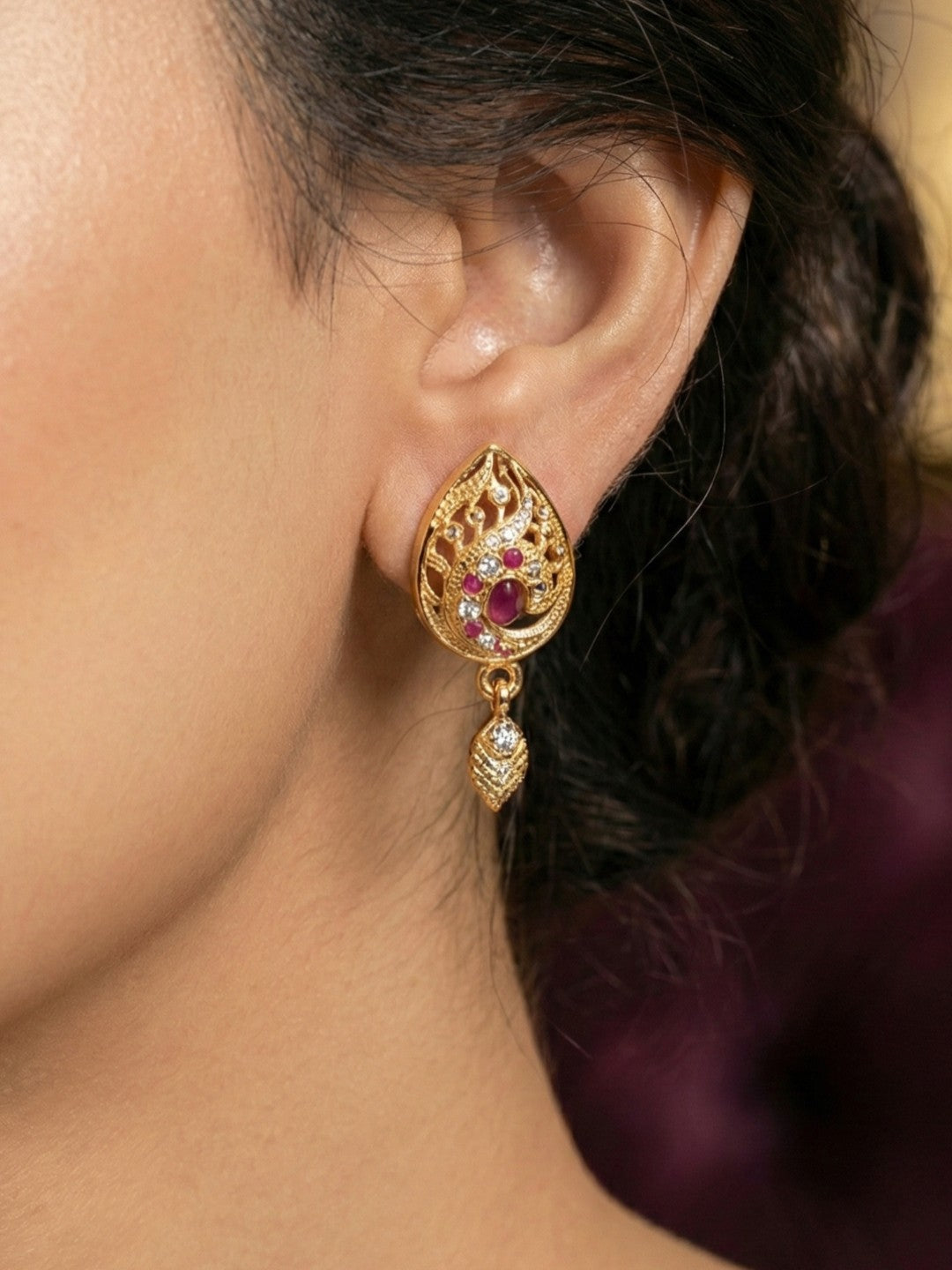Meira Jewellery Gold-Plated Necklace Set with Matching Stud Earrings, Floral Filigree Pendant Design, CZ Stone Accents, Adjustable Dori, Traditional Indian Party Jewellery for Weddings & Festivals-03