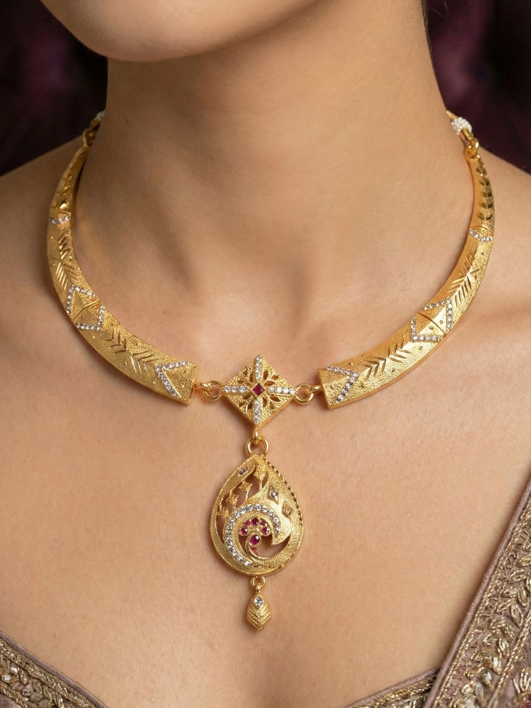 Meira Jewellery Gold-Plated Necklace Set with Matching Stud Earrings, Floral Filigree Pendant Design, CZ Stone Accents, Adjustable Dori, Traditional Indian Party Jewellery for Weddings & Festivals-03