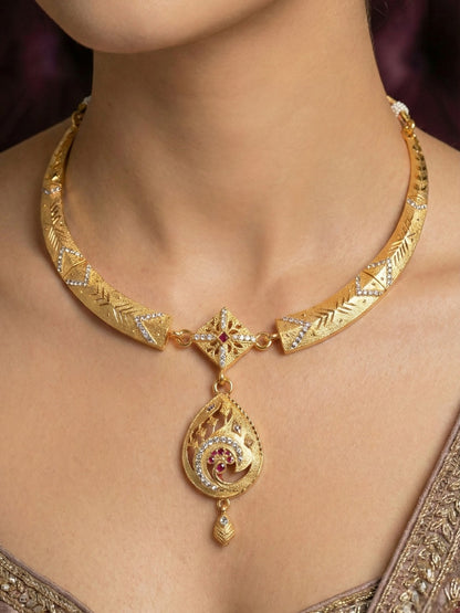 Meira Jewellery Gold-Plated Necklace Set with Matching Stud Earrings, Floral Filigree Pendant Design, CZ Stone Accents, Adjustable Dori, Traditional Indian Party Jewellery for Weddings & Festivals-03