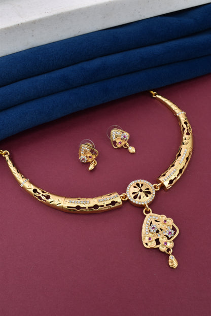 Meira Jewellery Gold-Plated Necklace Set with Matching Stud Earrings, Floral Filigree Pendant Design, CZ Stone Accents, Adjustable Dori, Traditional Indian Party Jewellery for Weddings & Festivals-04