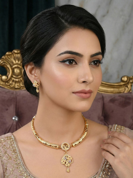 Meira Jewellery Gold-Plated Necklace Set with Matching Stud Earrings, Floral Filigree Pendant Design, CZ Stone Accents, Adjustable Dori, Traditional Indian Party Jewellery for Weddings & Festivals-04