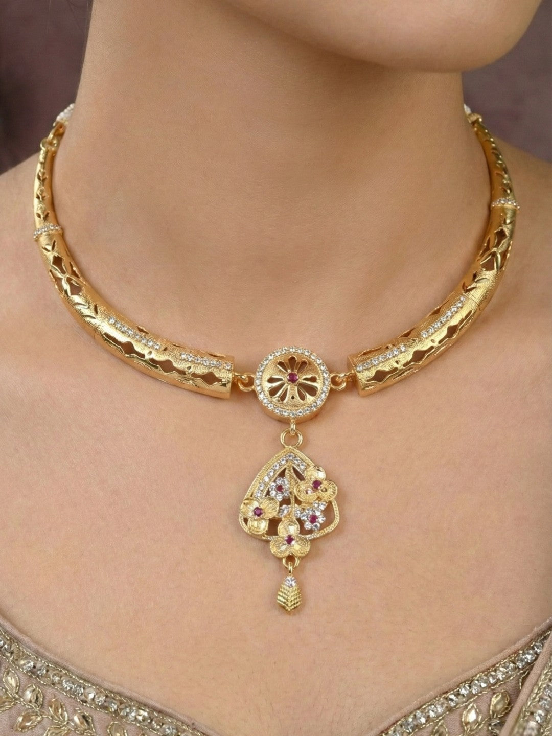 Meira Jewellery Gold-Plated Necklace Set with Matching Stud Earrings, Floral Filigree Pendant Design, CZ Stone Accents, Adjustable Dori, Traditional Indian Party Jewellery for Weddings & Festivals-04
