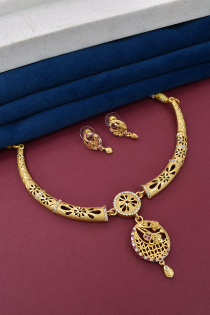 Meira Jewellery Gold-Plated Necklace Set with Matching Stud Earrings, Floral Filigree Pendant Design, CZ Stone Accents, Adjustable Dori, Traditional Indian Party Jewellery for Weddings & Festivals-05