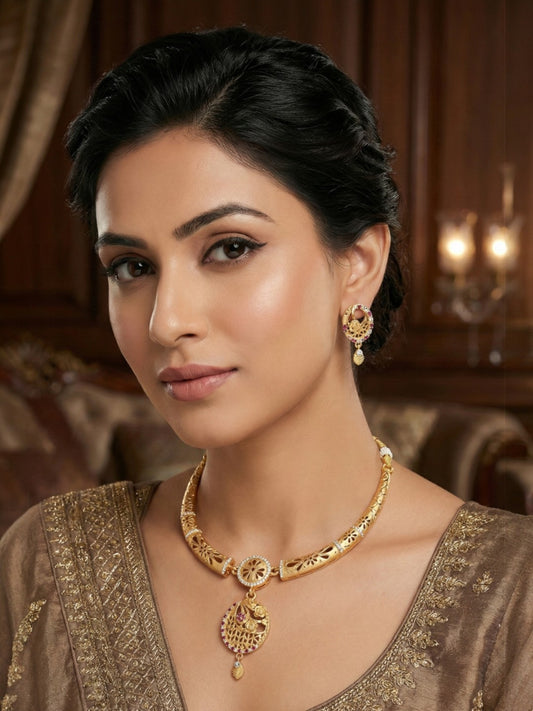 Meira Jewellery Gold-Plated Necklace Set with Matching Stud Earrings, Floral Filigree Pendant Design, CZ Stone Accents, Adjustable Dori, Traditional Indian Party Jewellery for Weddings & Festivals-05
