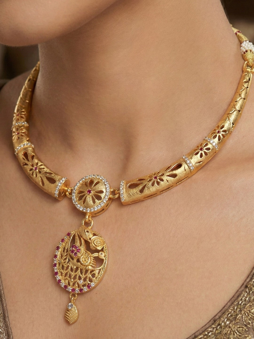 Meira Jewellery Gold-Plated Necklace Set with Matching Stud Earrings, Floral Filigree Pendant Design, CZ Stone Accents, Adjustable Dori, Traditional Indian Party Jewellery for Weddings & Festivals-05
