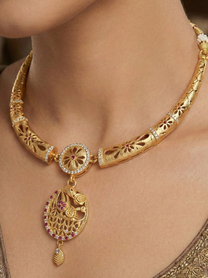 Meira Jewellery Gold-Plated Necklace Set with Matching Stud Earrings, Floral Filigree Pendant Design, CZ Stone Accents, Adjustable Dori, Traditional Indian Party Jewellery for Weddings & Festivals-05