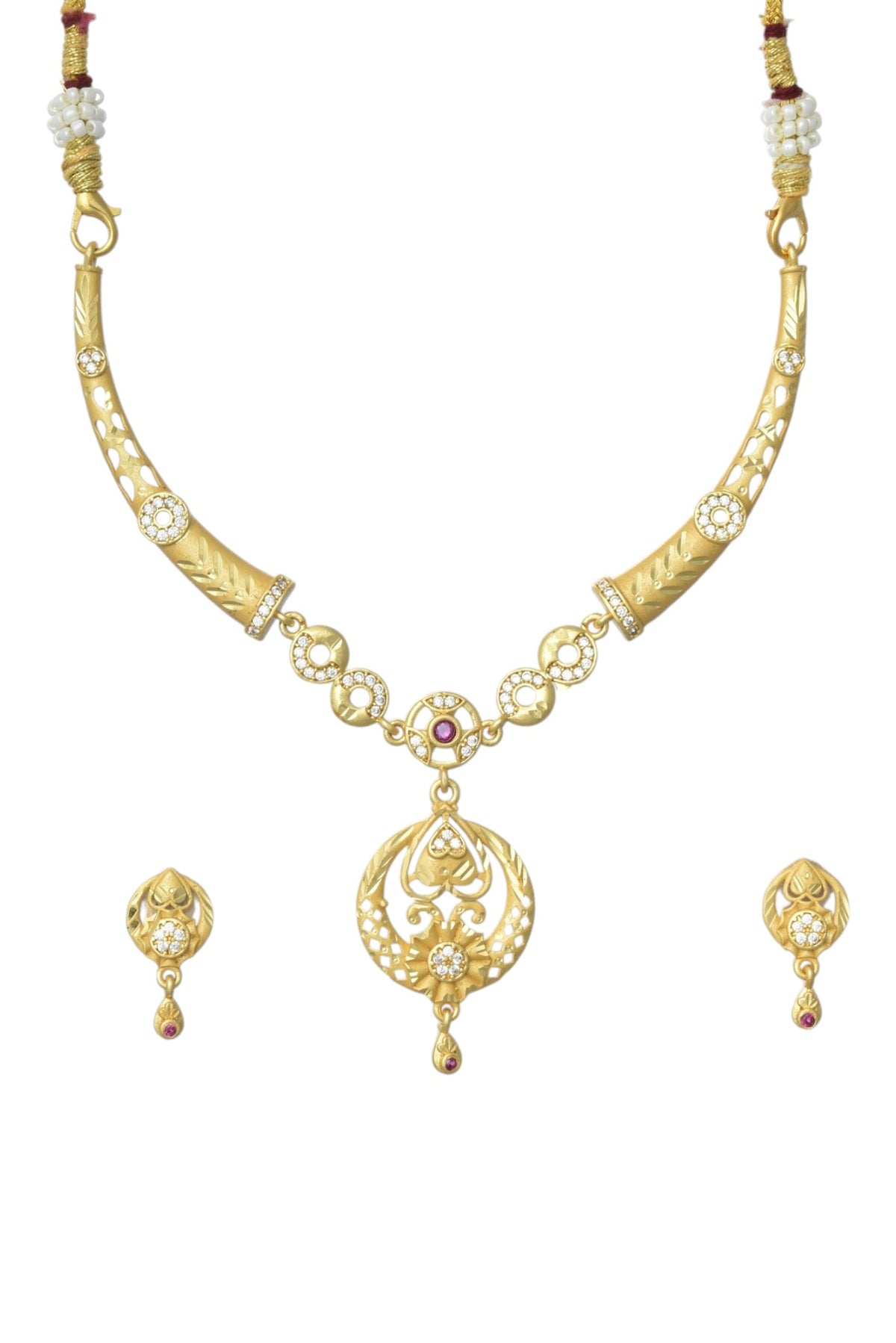 Gold Plated AD Studded Necklace Set with Matching Earrings for Women