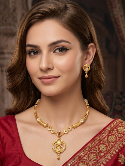 Gold Plated AD Studded Necklace Set with Matching Earrings for Women