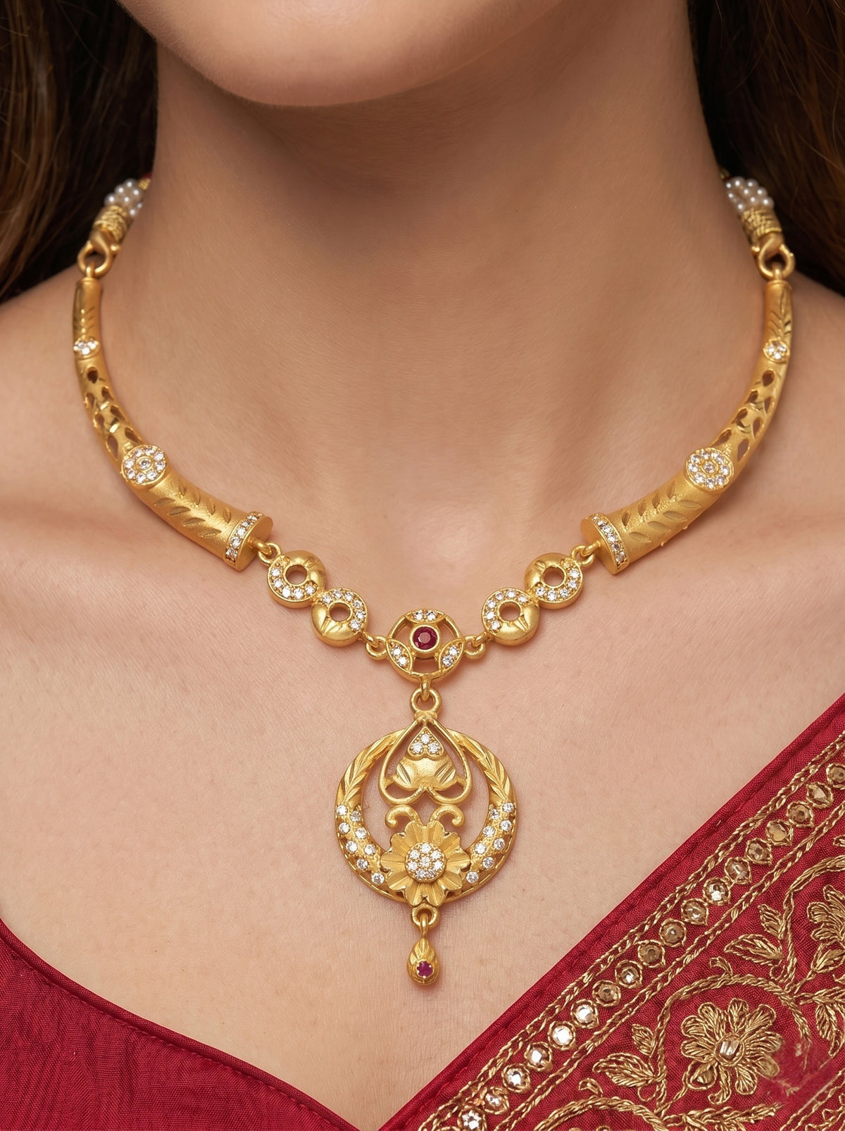 Gold Plated AD Studded Necklace Set with Matching Earrings for Women