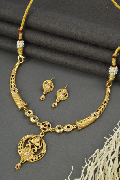 Gold Plated AD Studded Necklace Set with Matching Earrings for Women