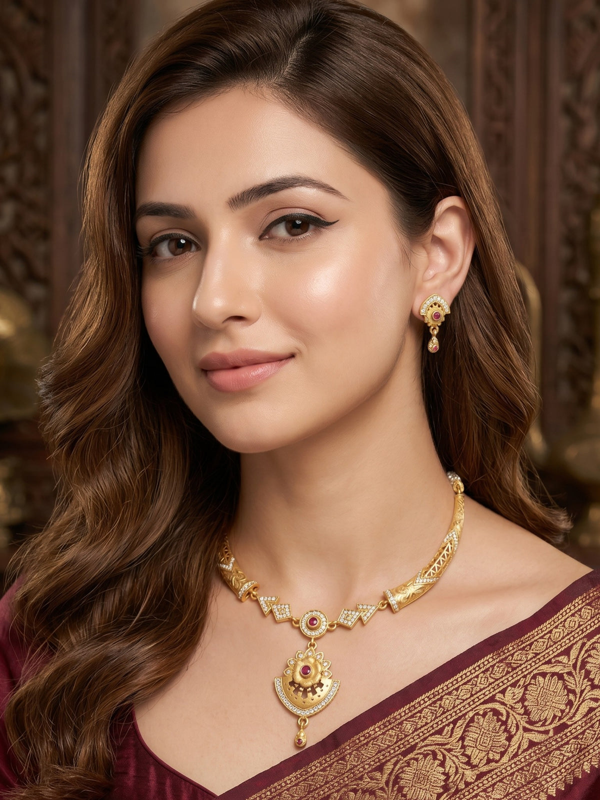 Gold Plated AD Studded Necklace Set with Matching Earrings for Women