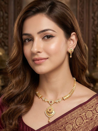 Gold Plated AD Studded Necklace Set with Matching Earrings for Women