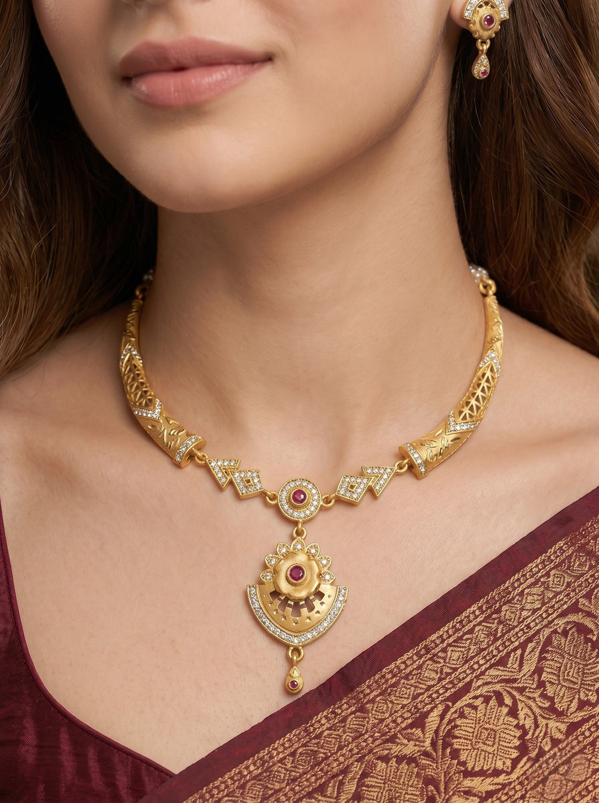 Gold Plated AD Studded Necklace Set with Matching Earrings for Women