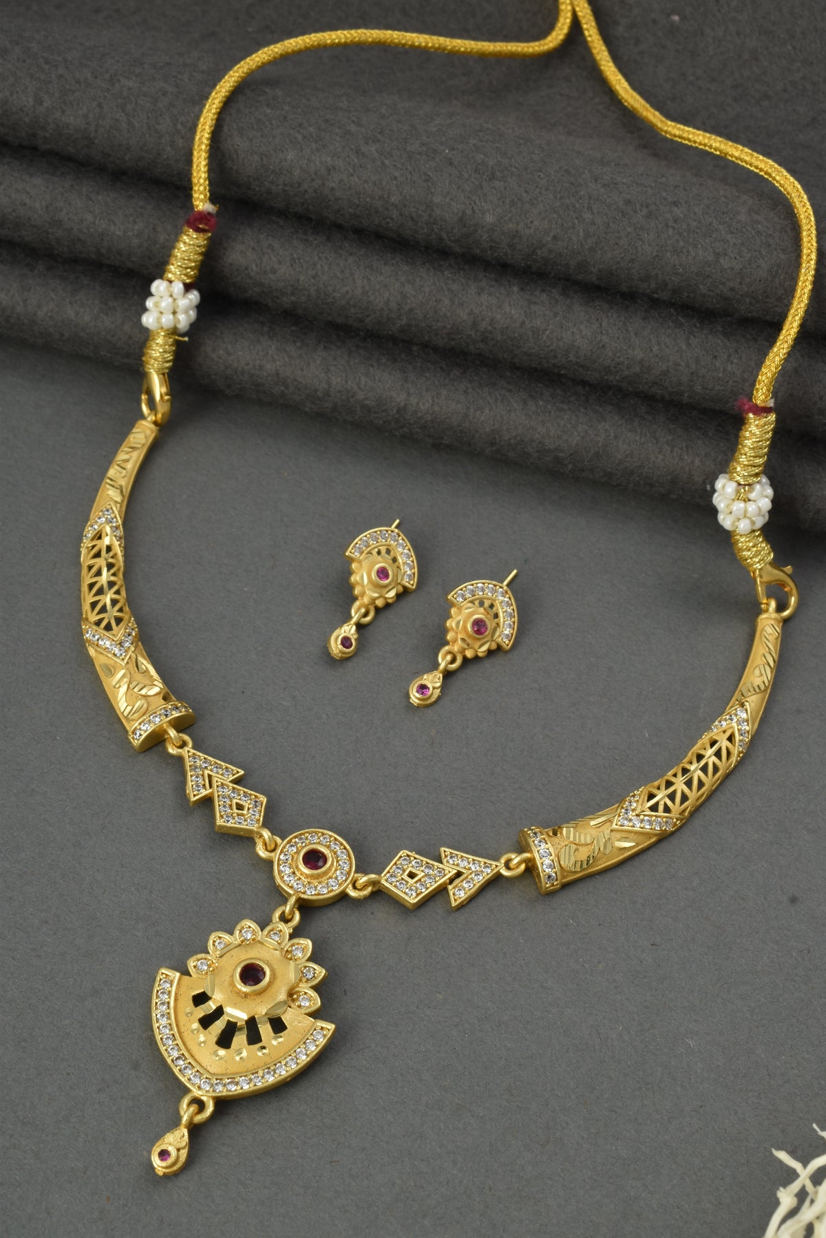 Gold Plated AD Studded Necklace Set with Matching Earrings for Women